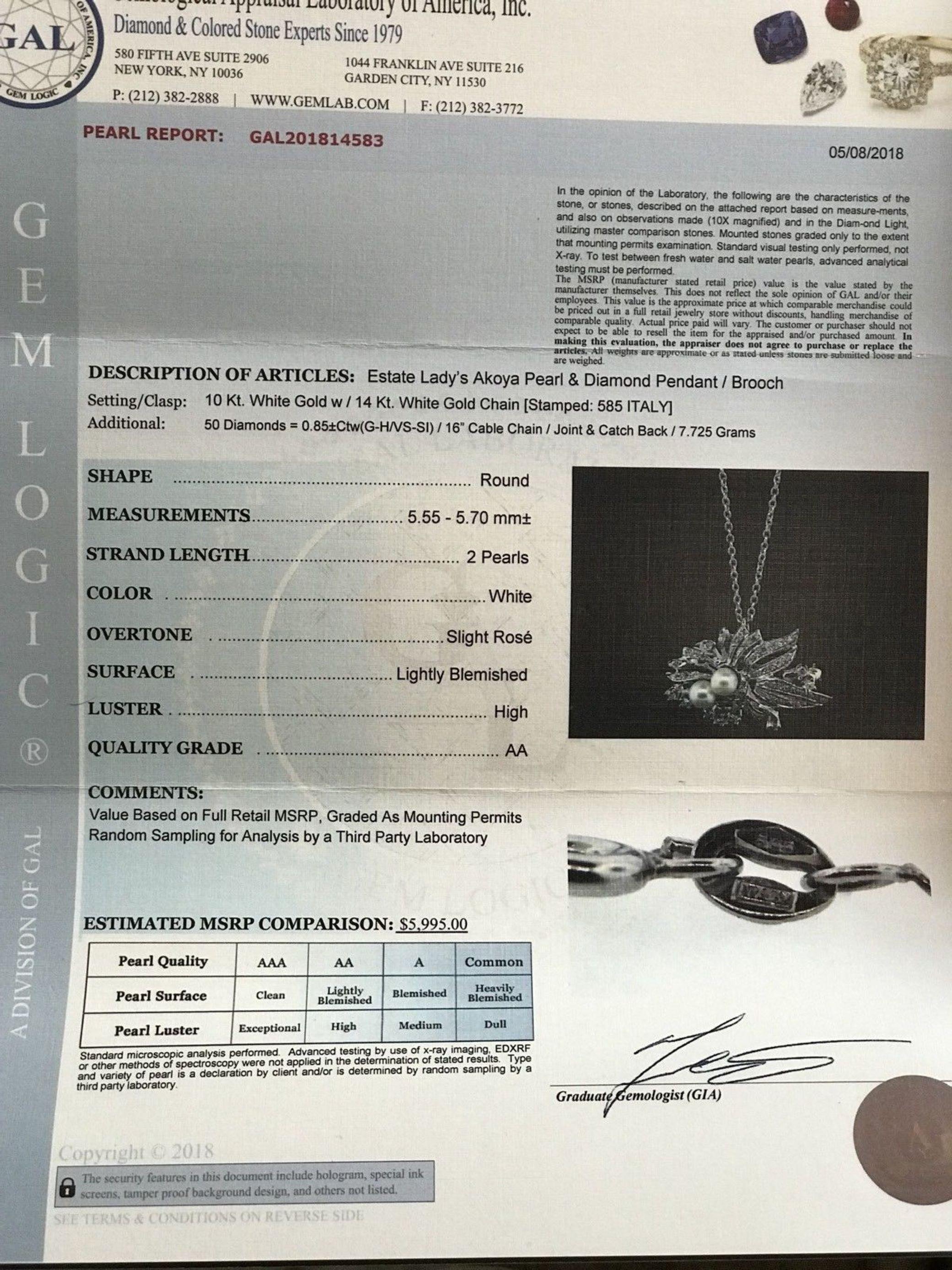 Collier broche Akoya en or 14 carats avec pendentif en diamants et perles, certifié Italie en vente 3