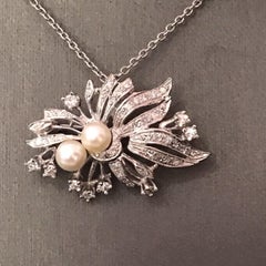 Diamond Akoya Pearl Brooch Necklace 14 Karat Gold Pendant Italy Certified