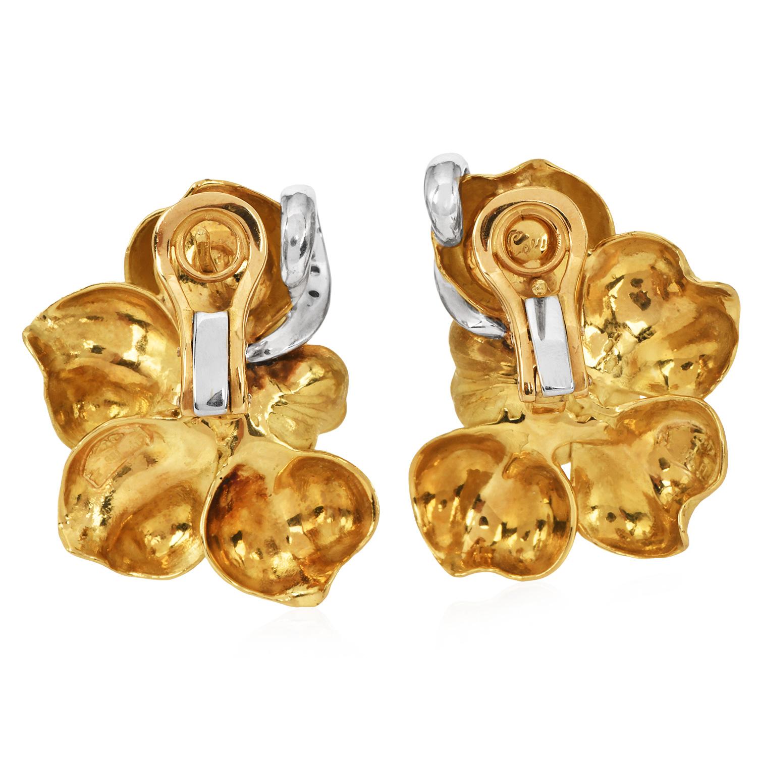 Diamant Akoya Perle Diamant 18K Gold Lily Floral Clip On Ohrringe Damen im Angebot
