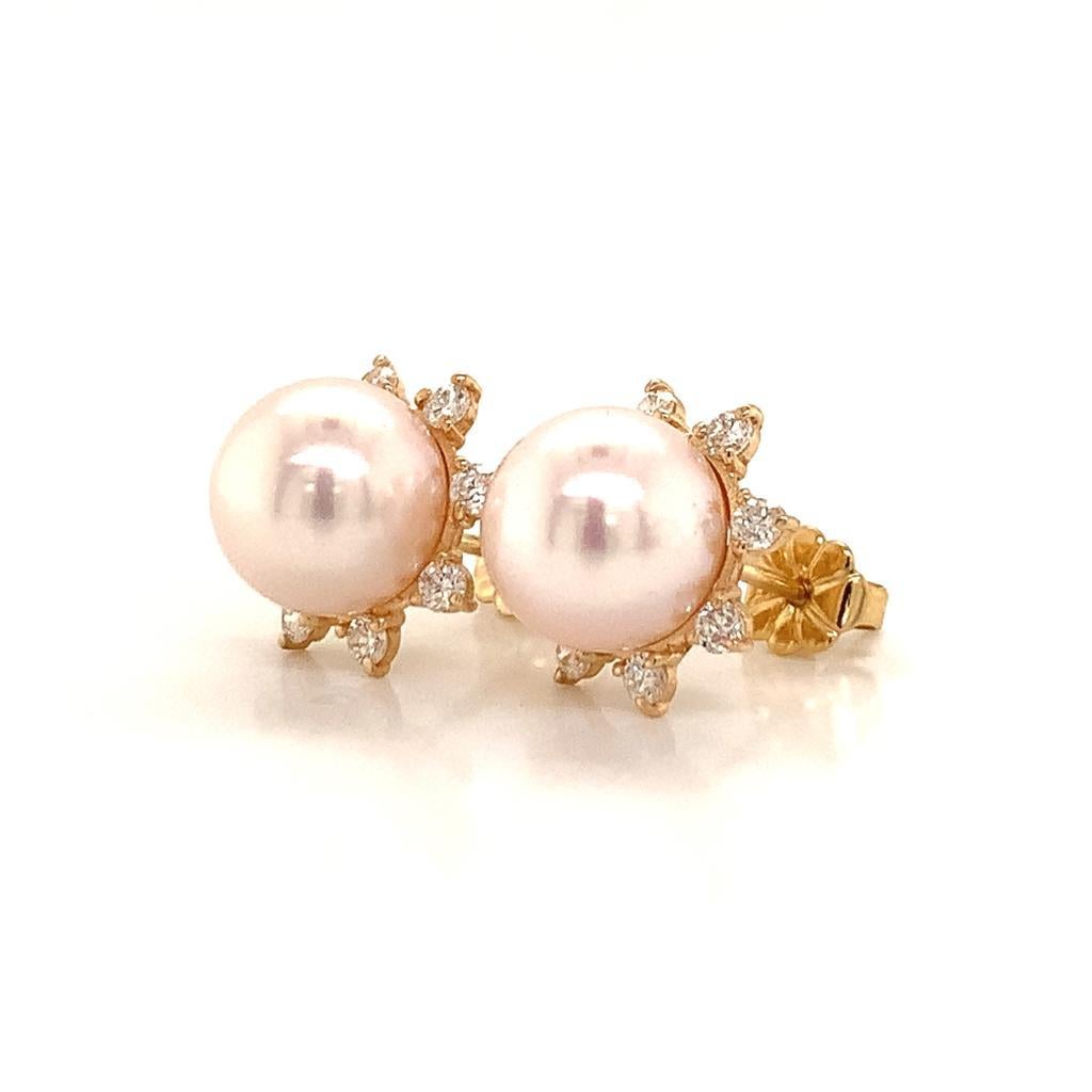 Diamond Akoya Pearl Earring 14k Yellow Gold Certified In New Condition In Brooklyn, NY