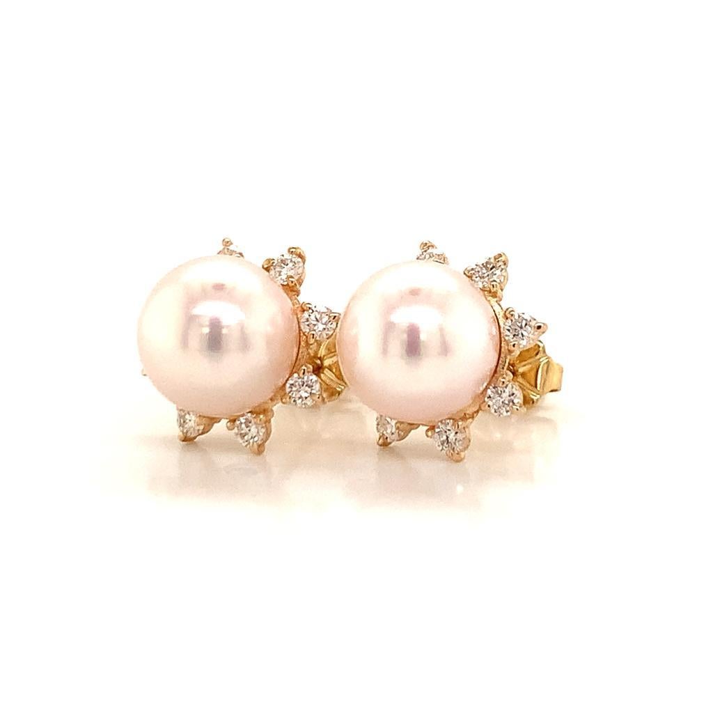 Women's Diamond Akoya Pearl Earring 14k Yellow Gold Certified