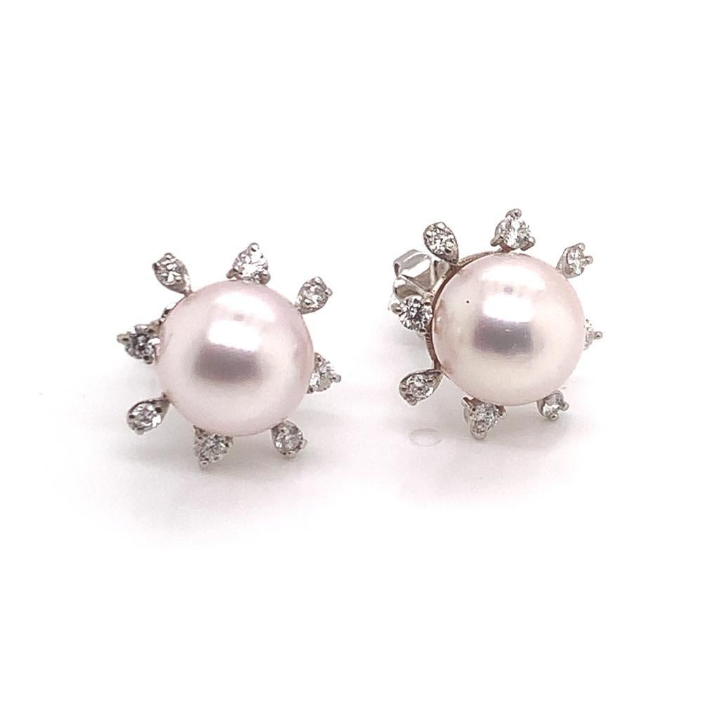 Boucles d'oreilles Akoya en or blanc 14 carats avec diamants et perle certifiée en vente 5