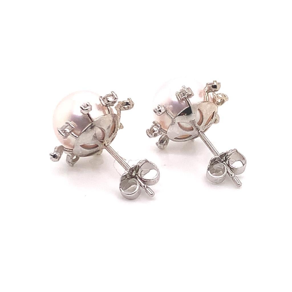 Boucles d'oreilles Akoya en or blanc 14 carats avec diamants et perle certifiée en vente 6