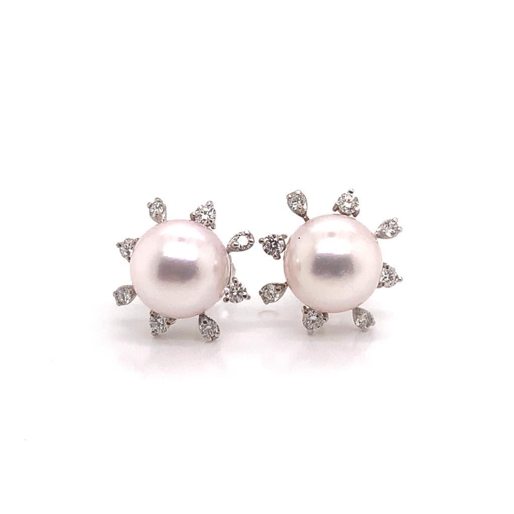 Boucles d'oreilles Akoya en or blanc 14 carats avec diamants et perle certifiée en vente 9