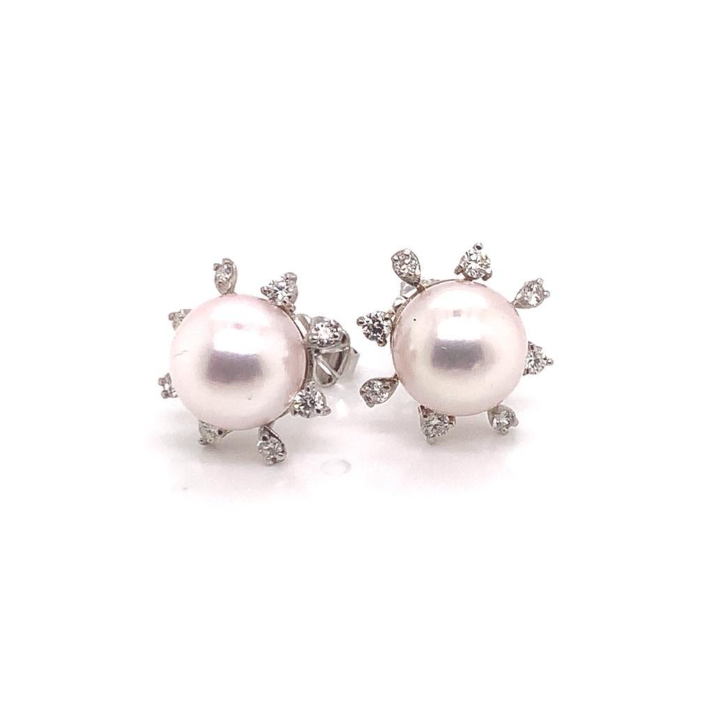 Boucles d'oreilles Akoya en or blanc 14 carats avec diamants et perle certifiée en vente 10