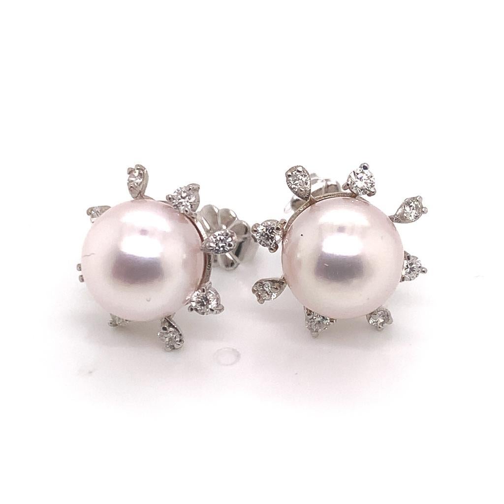 Boucles d'oreilles Akoya en or blanc 14 carats avec diamants et perle certifiée Pour femmes en vente