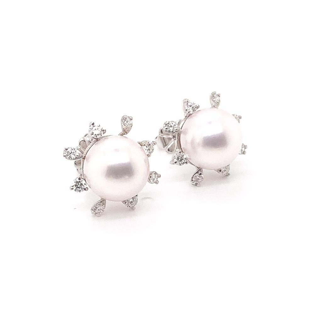 Women's Diamond Akoya Pearl Earrings 14 Karat White Gold Certified For Sale