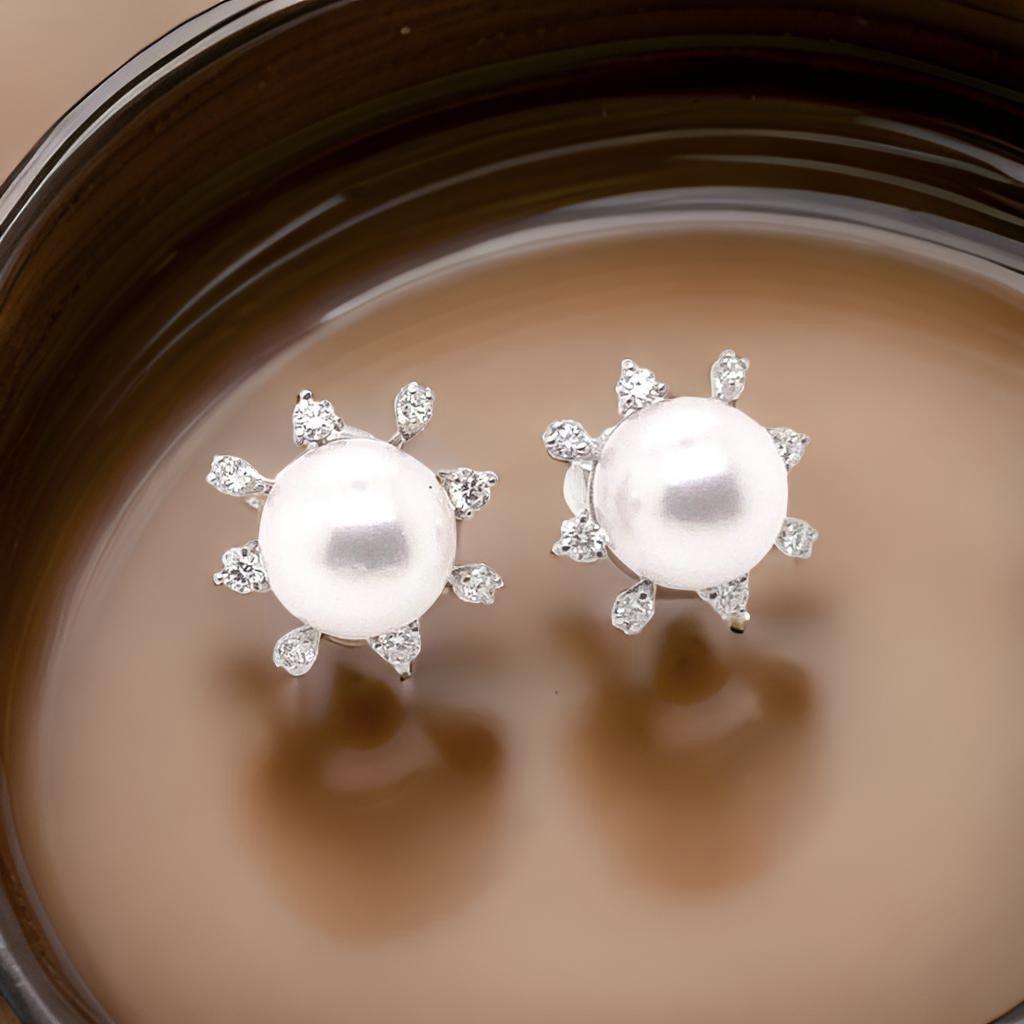 Diamond Akoya Pearl Earrings 14 Karat White Gold Certified For Sale 1
