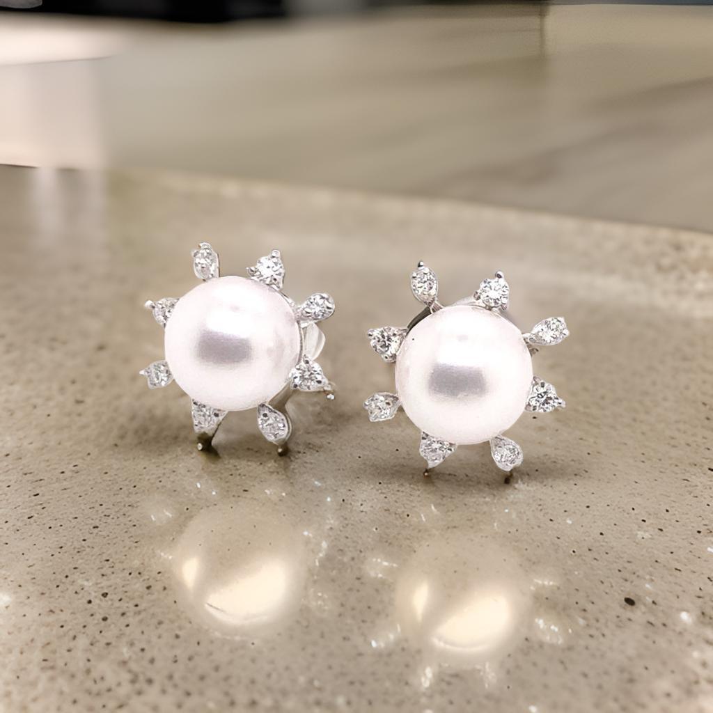 Diamond Akoya Pearl Earrings 14 Karat White Gold Certified For Sale 3