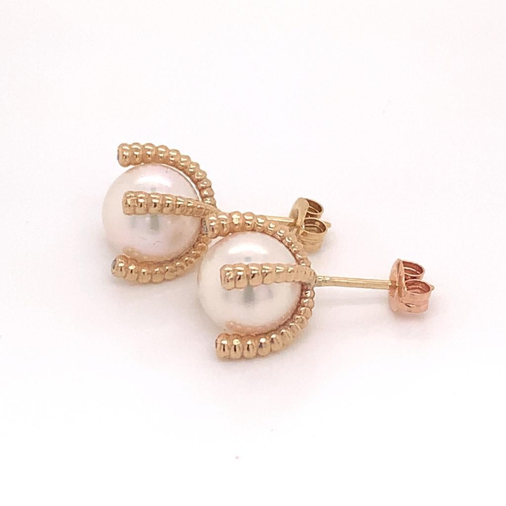 Diamond Akoya Pearl Earrings 14 Karat Yellow Gold Certified For Sale 6