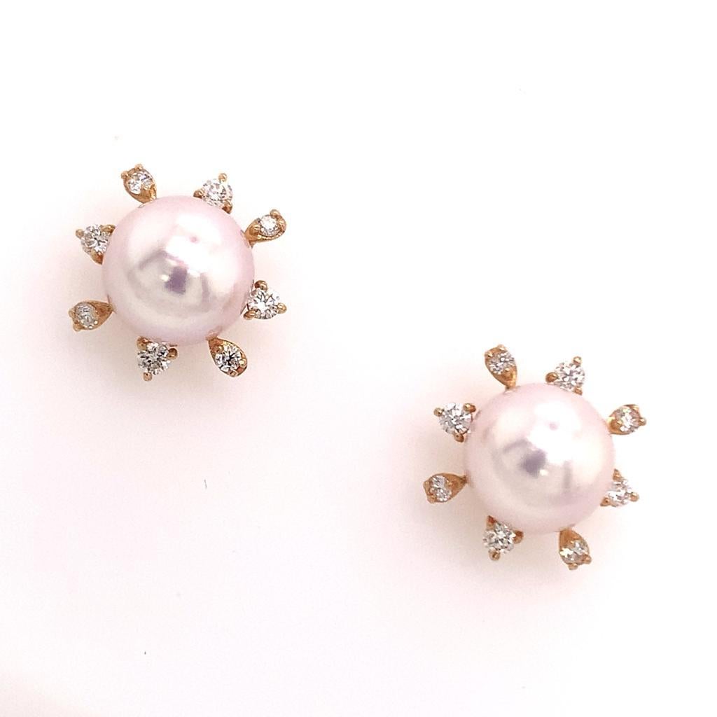 Diamant-Diamant- Akoya-Perlen-Ohrringe 14 Karat Gelbgold zertifiziert im Angebot 8
