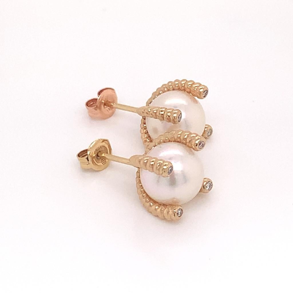 Round Cut Diamond Akoya Pearl Earrings 14 Karat Yellow Gold Certified For Sale