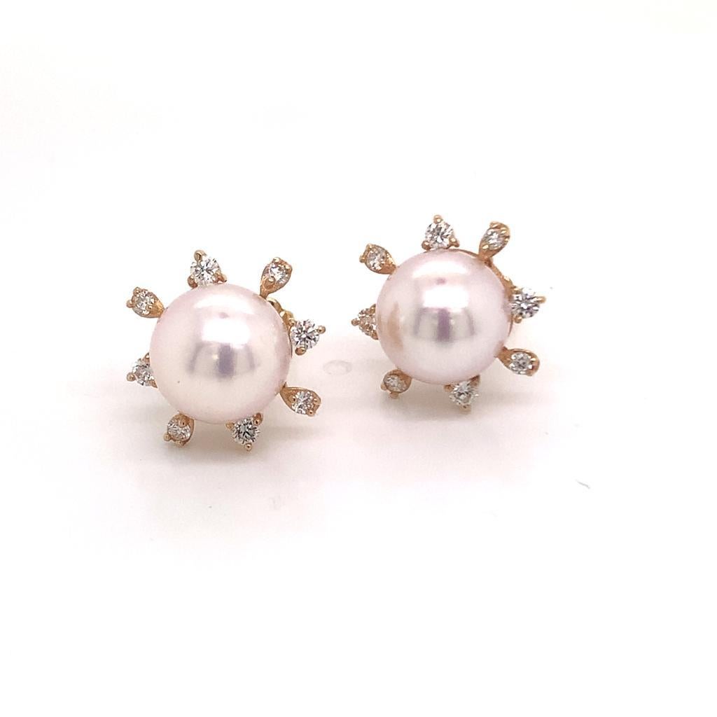 Diamond Akoya Pearl Earrings 14 Karat Yellow Gold Certified In New Condition For Sale In Brooklyn, NY