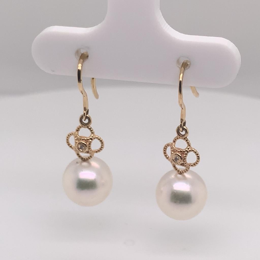 Round Cut Diamond Akoya Pearl Earrings 14 Karat Yellow Gold Certified For Sale