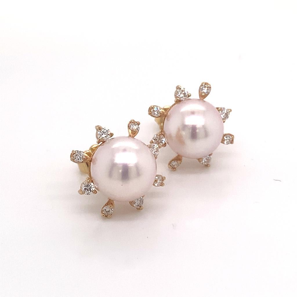 Diamant-Diamant- Akoya-Perlen-Ohrringe 14 Karat Gelbgold zertifiziert Damen im Angebot