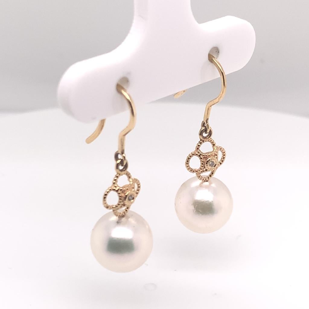 Diamond Akoya Pearl Earrings 14 Karat Yellow Gold Certified In New Condition For Sale In Brooklyn, NY