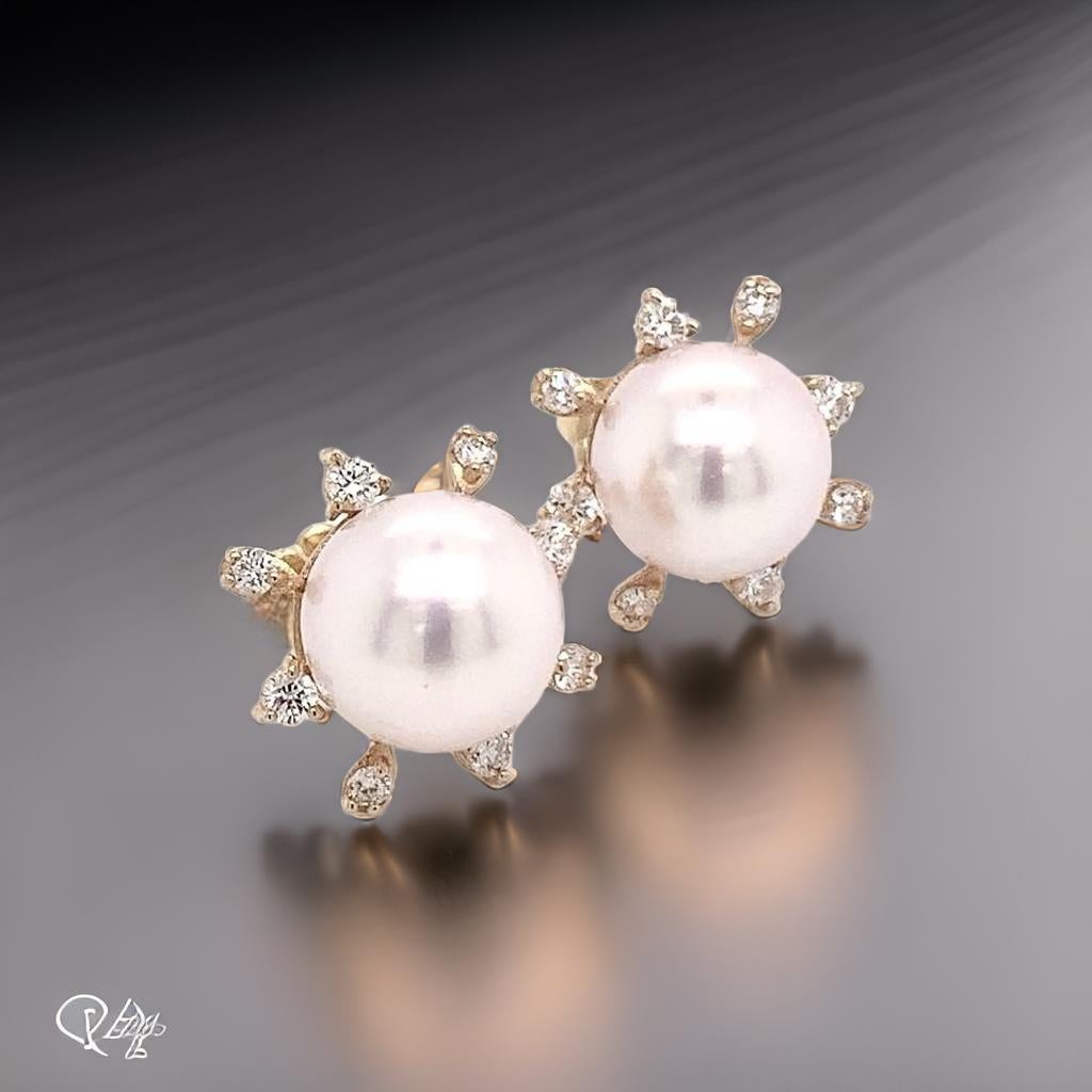 Boucles d'oreilles Akoya en or jaune 14 carats et diamants certifiés Neuf - En vente à Brooklyn, NY