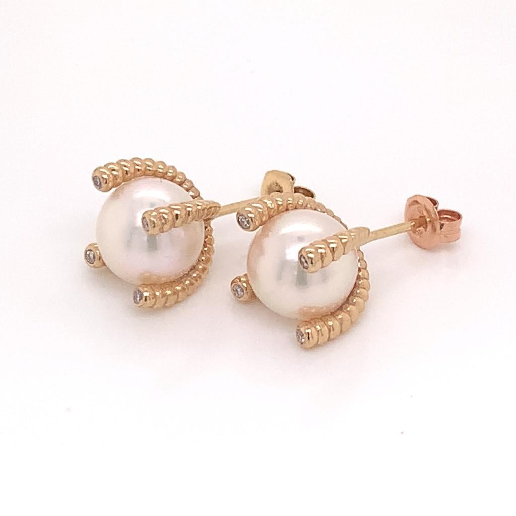 Diamond Akoya Pearl Earrings 14 Karat Yellow Gold Certified For Sale 1