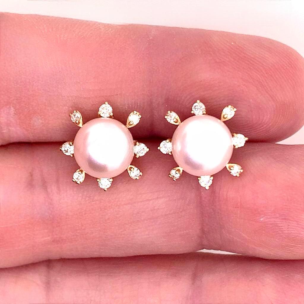 Boucles d'oreilles Akoya en or jaune 14 carats et diamants certifiés Pour femmes en vente