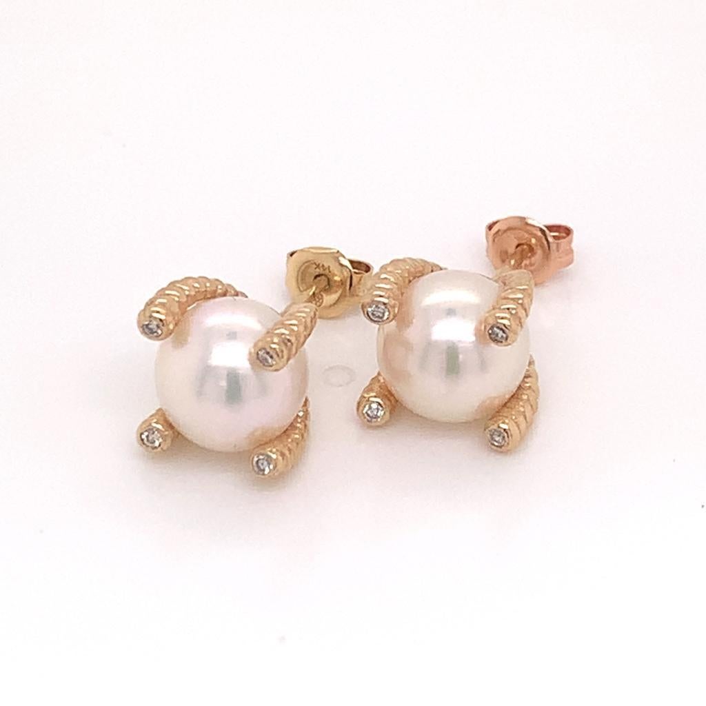 Diamond Akoya Pearl Earrings 14 Karat Yellow Gold Certified For Sale 3