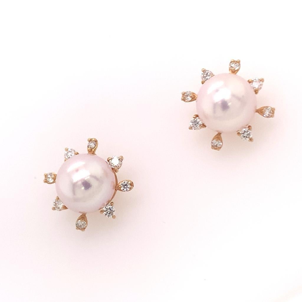 Diamant-Diamant- Akoya-Perlen-Ohrringe 14 Karat Gelbgold zertifiziert im Angebot 4