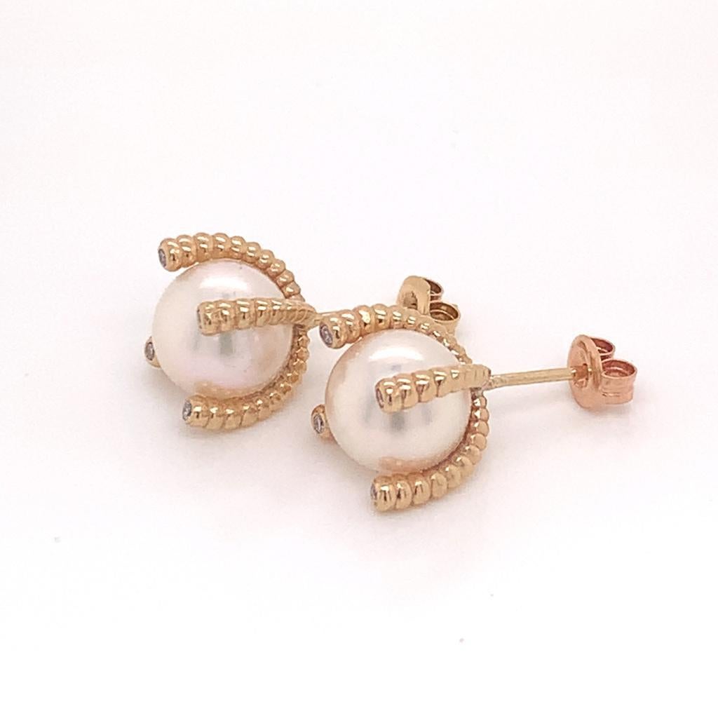 Diamond Akoya Pearl Earrings 14 Karat Yellow Gold Certified For Sale 5