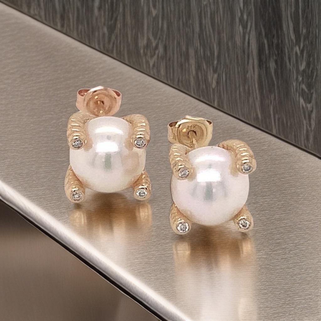 Orecchini di diamanti e perle Akoya in oro giallo 14 carati certificati in vendita 4