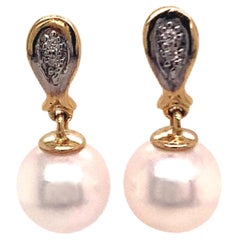 Diamond Akoya Pearl Earrings 14 Karat Yellow Gold Certified
