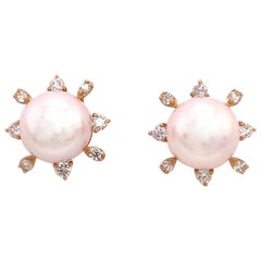 Diamant-Diamant- Akoya-Perlen-Ohrringe 14 Karat Gelbgold zertifiziert
