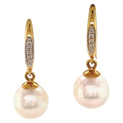 Diamond Akoya Pearl Earrings 14 Karat Yellow Gold Certified