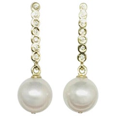 Diamond Akoya Pearl Earrings 14 Karat Gold Large Certified