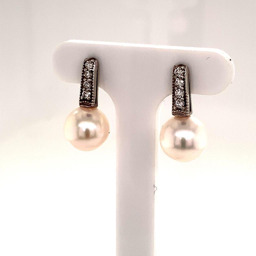 Round Cut Diamond Akoya Pearl Earrings 14k White Gold Certified For Sale