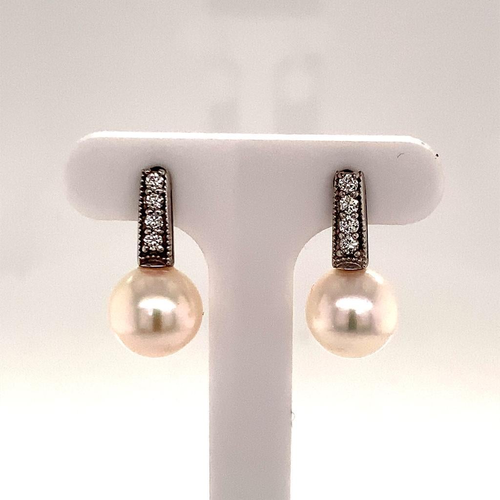 Diamond Akoya Pearl Earrings 14k White Gold Certified In New Condition For Sale In Brooklyn, NY
