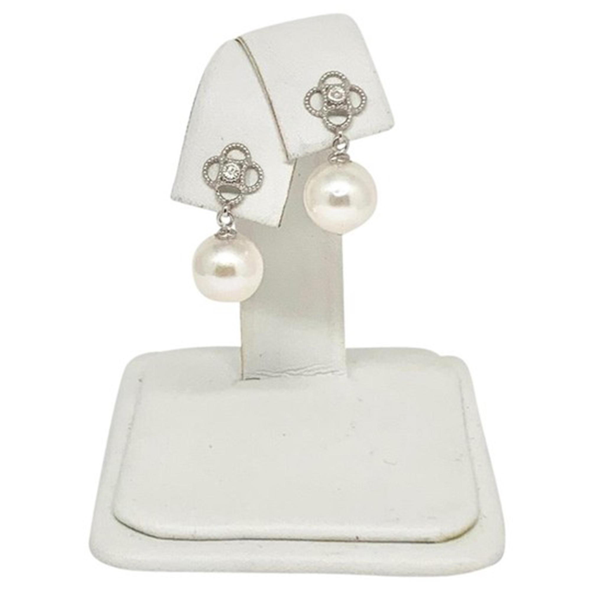 Round Cut Diamond Akoya Pearl Earrings Women 14k Gold Certified