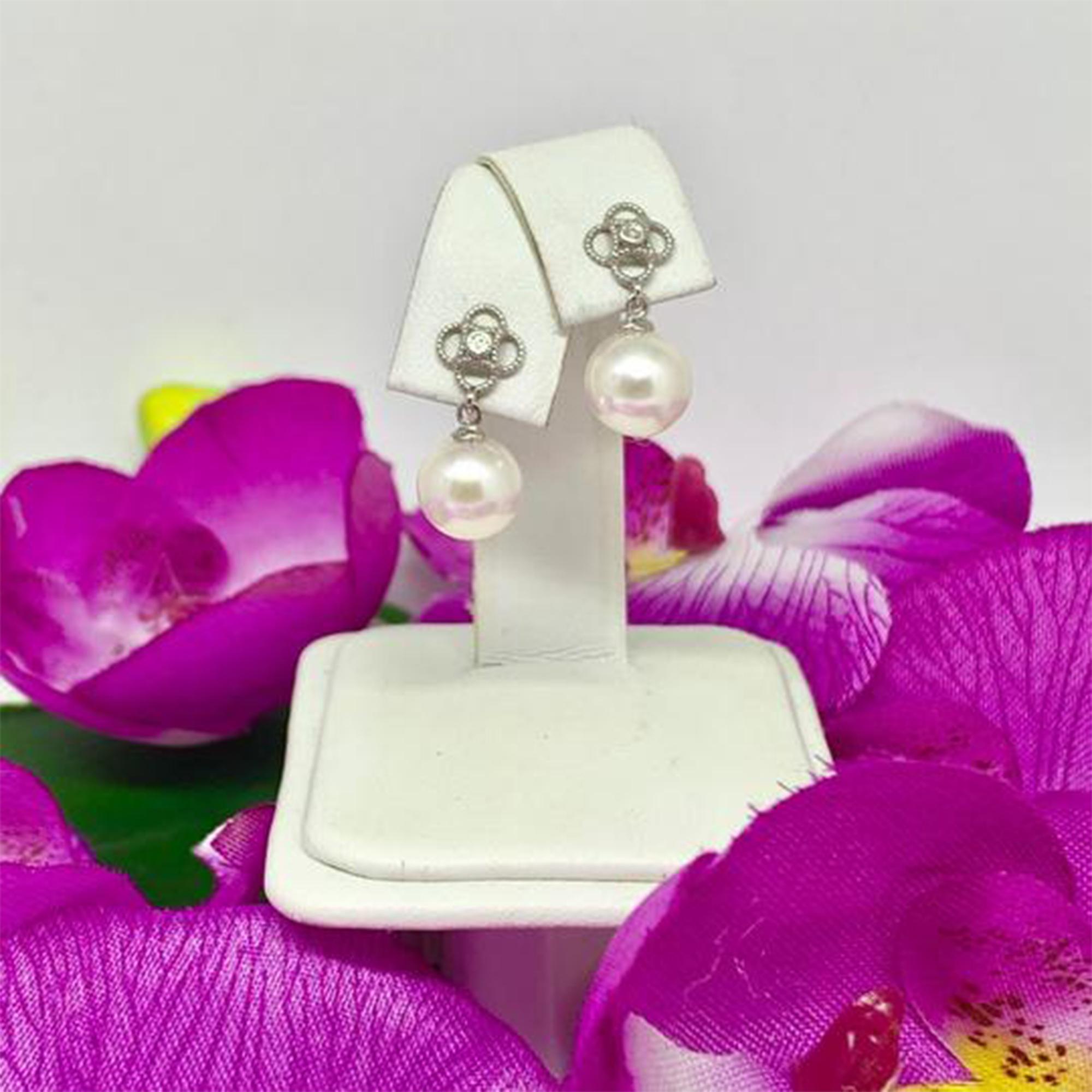 Diamond Akoya Pearl Earrings Women 14k Gold Certified In New Condition In Brooklyn, NY