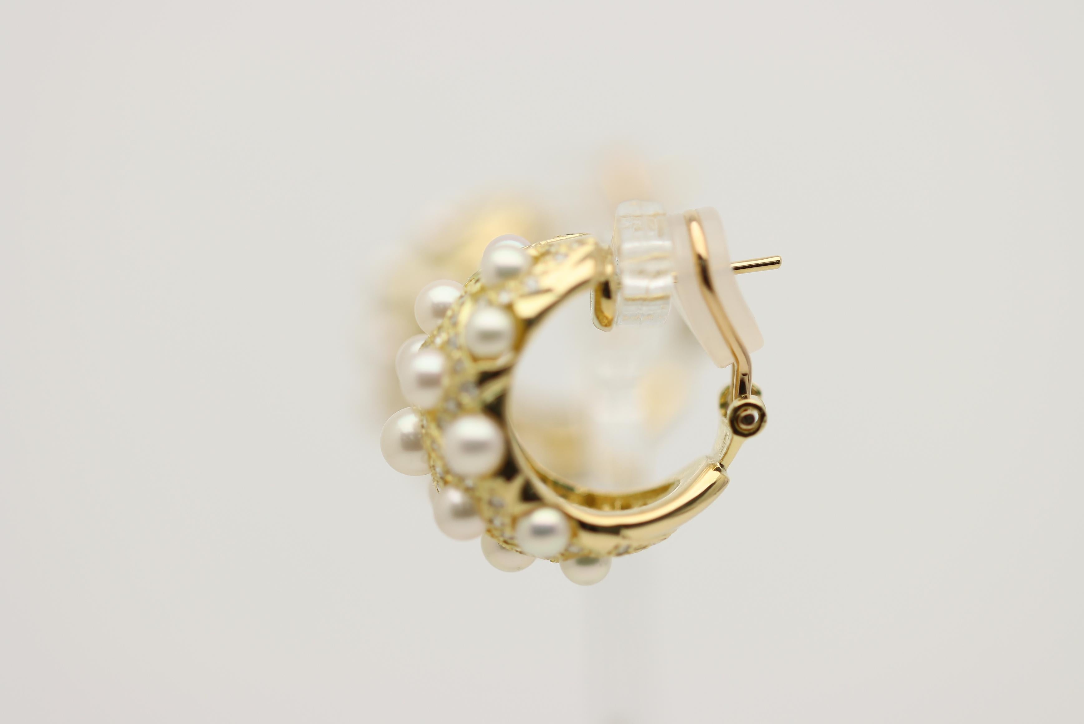 Women's Diamond Akoya Pearl Gold Huggie Earrings For Sale