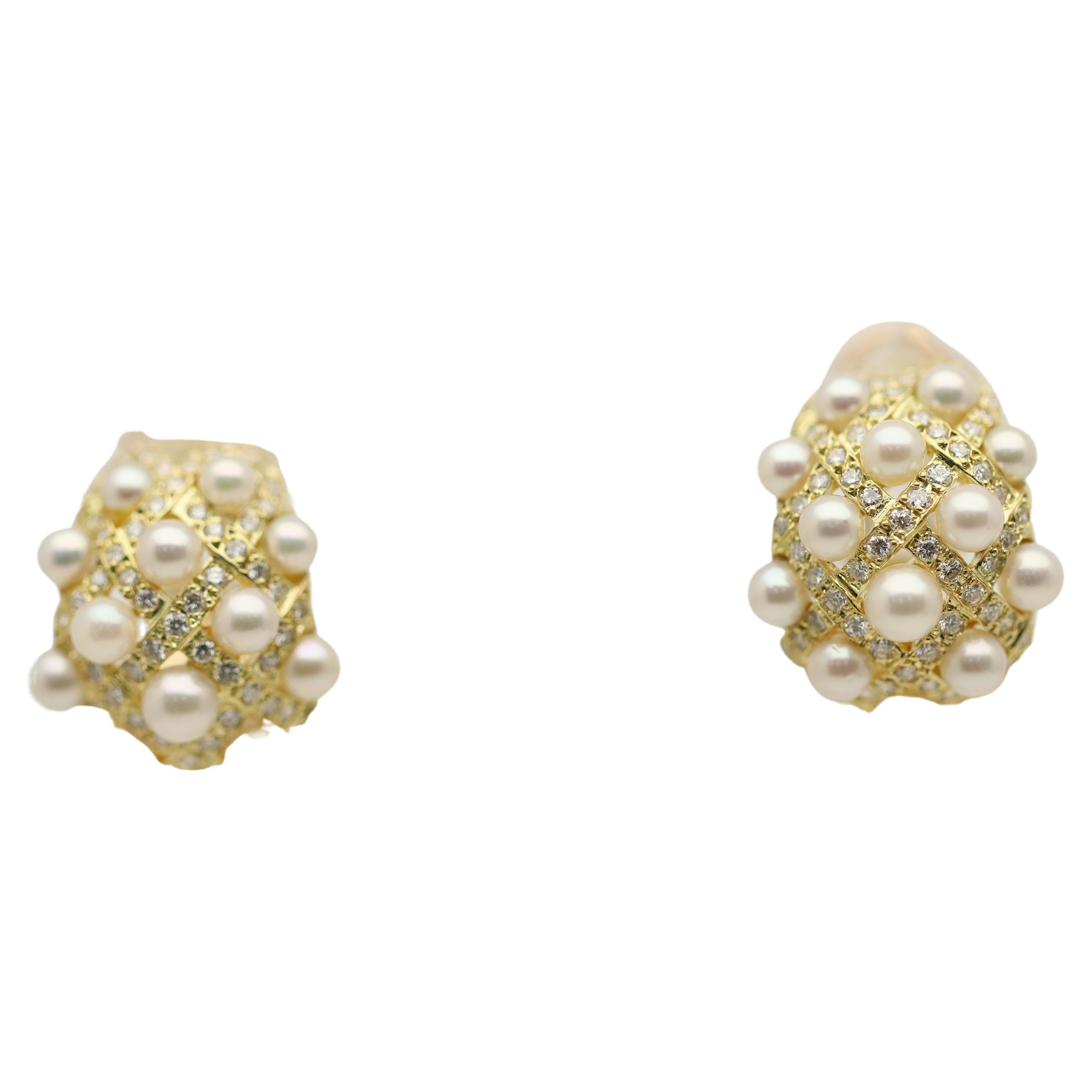 Diamond Akoya Pearl Gold Huggie Earrings For Sale