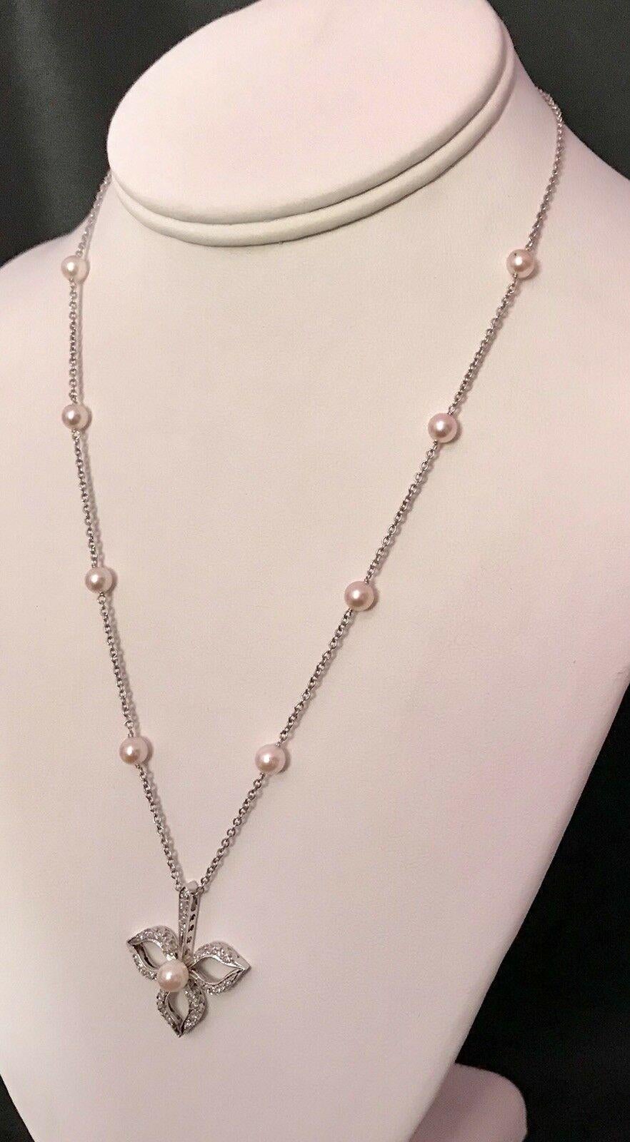 Modern Diamond Akoya Pearl Necklace 14 Karat Gold Certified For Sale
