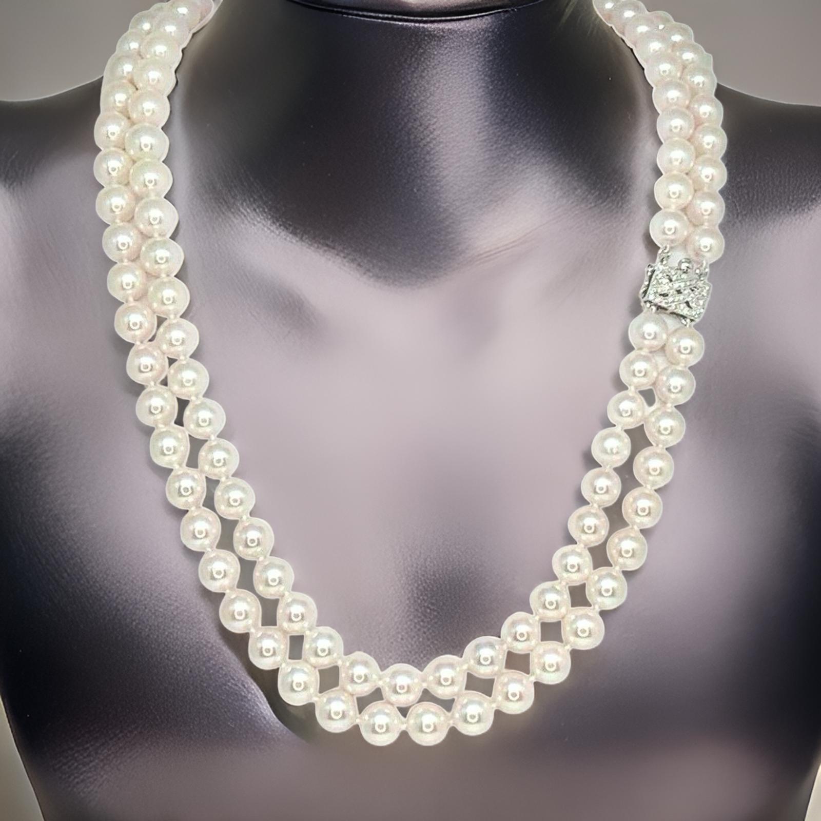 Diamond Akoya Pearl Necklace 14k Gold 2-Strand Certified For Sale 1