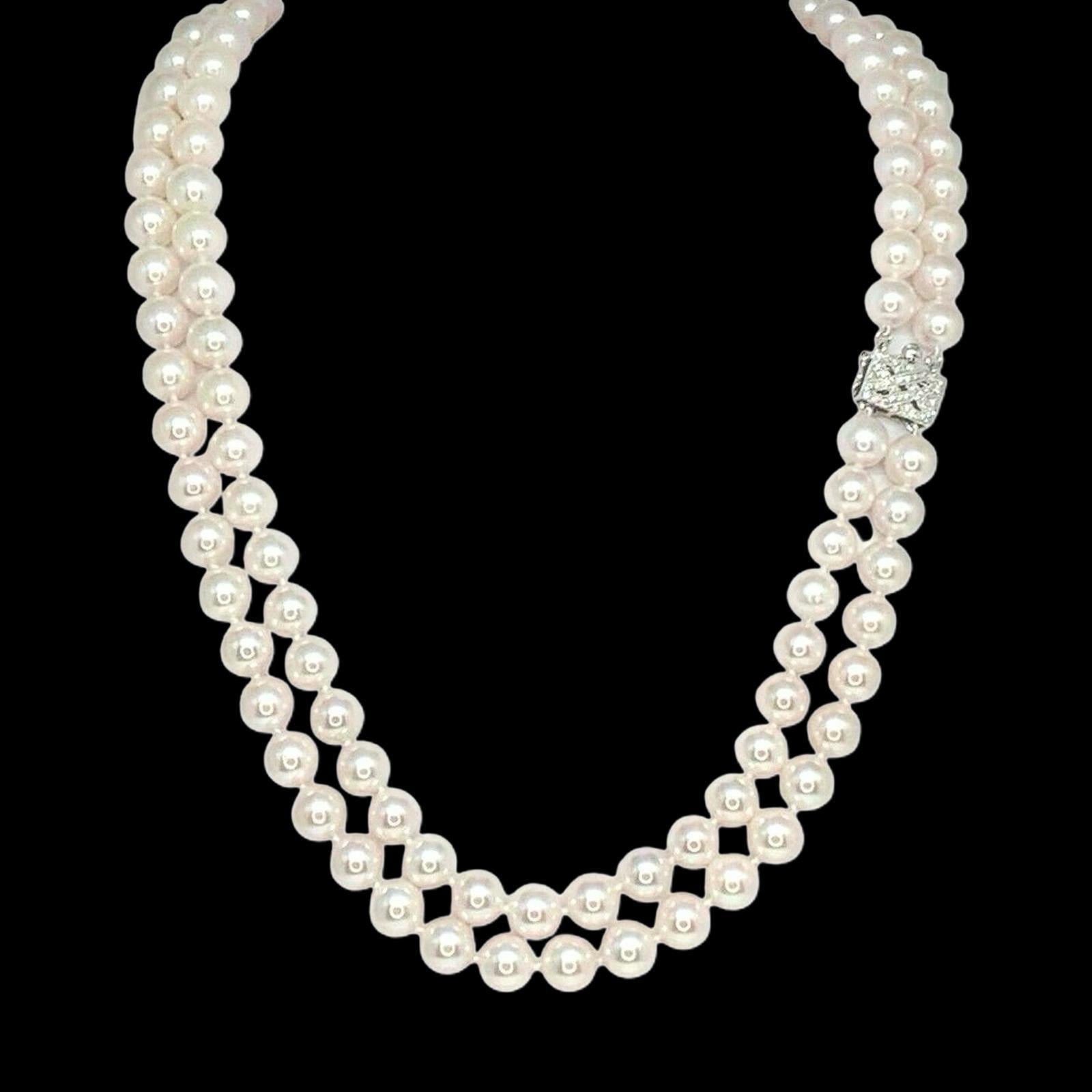 Diamond Akoya Pearl Necklace 14k Gold 2-Strand Certified For Sale 2