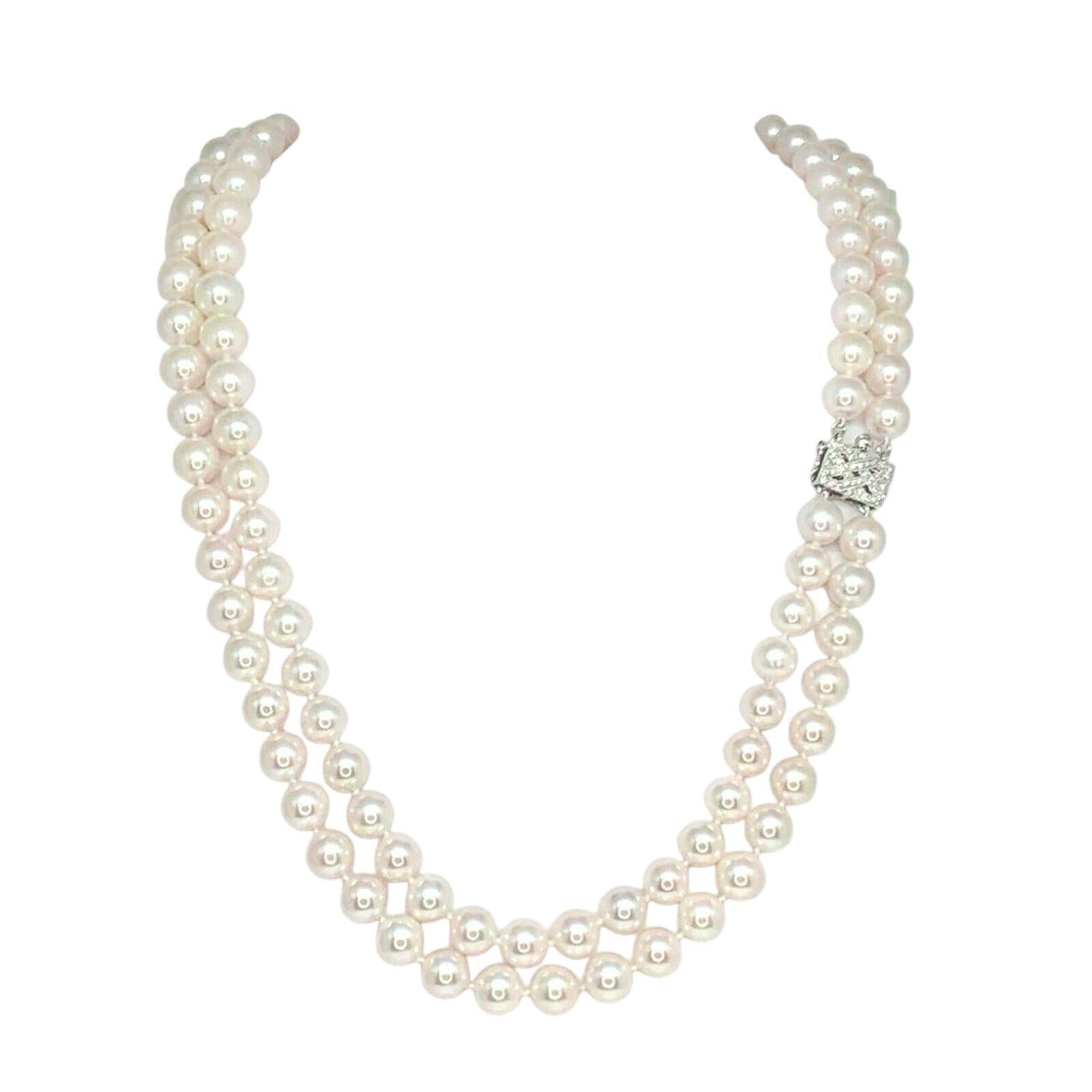 Diamond Akoya Pearl Necklace 14k Gold 2-Strand Certified For Sale 3