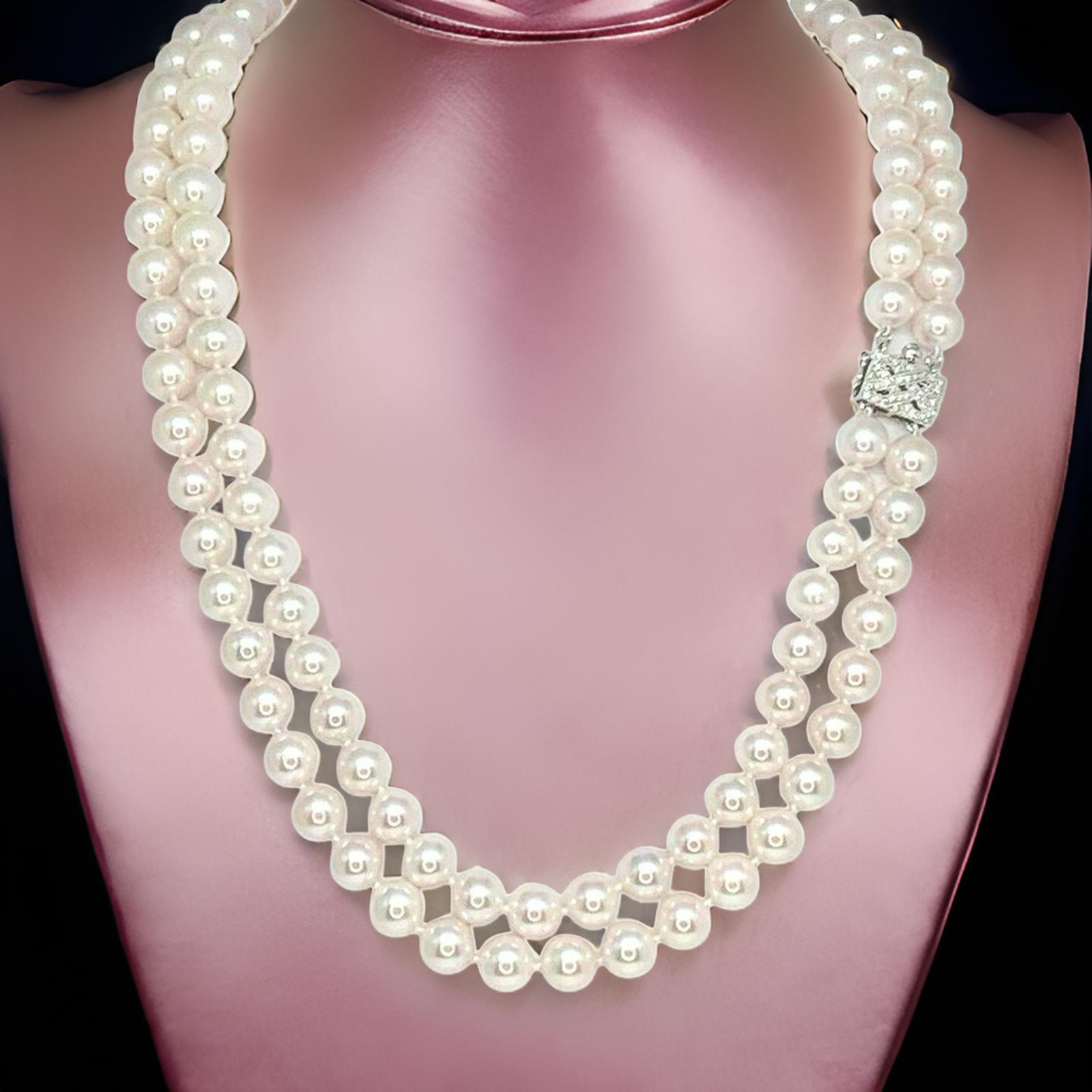 Diamond Akoya Pearl Necklace 14k Gold 2-Strand Certified For Sale 4