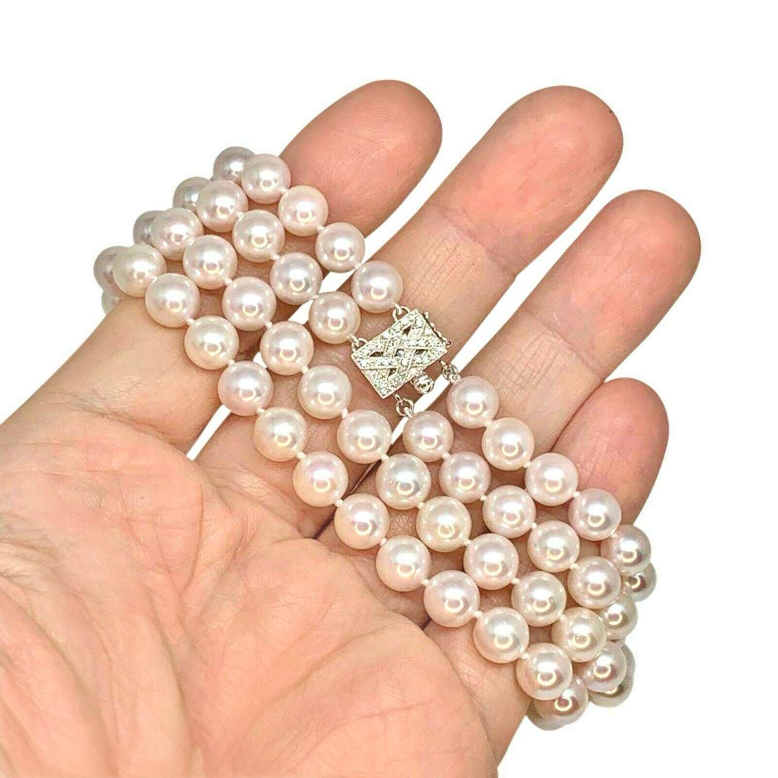 Diamond Akoya Pearl Necklace 14k Gold 2-Strand Certified For Sale 5