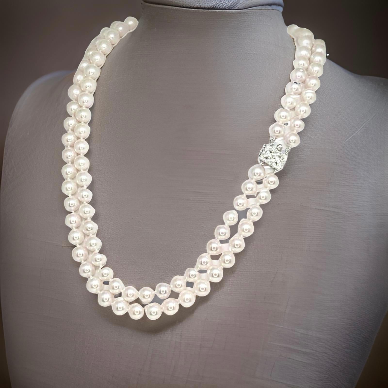 Modern Diamond Akoya Pearl Necklace 14k Gold 2-Strand Certified For Sale