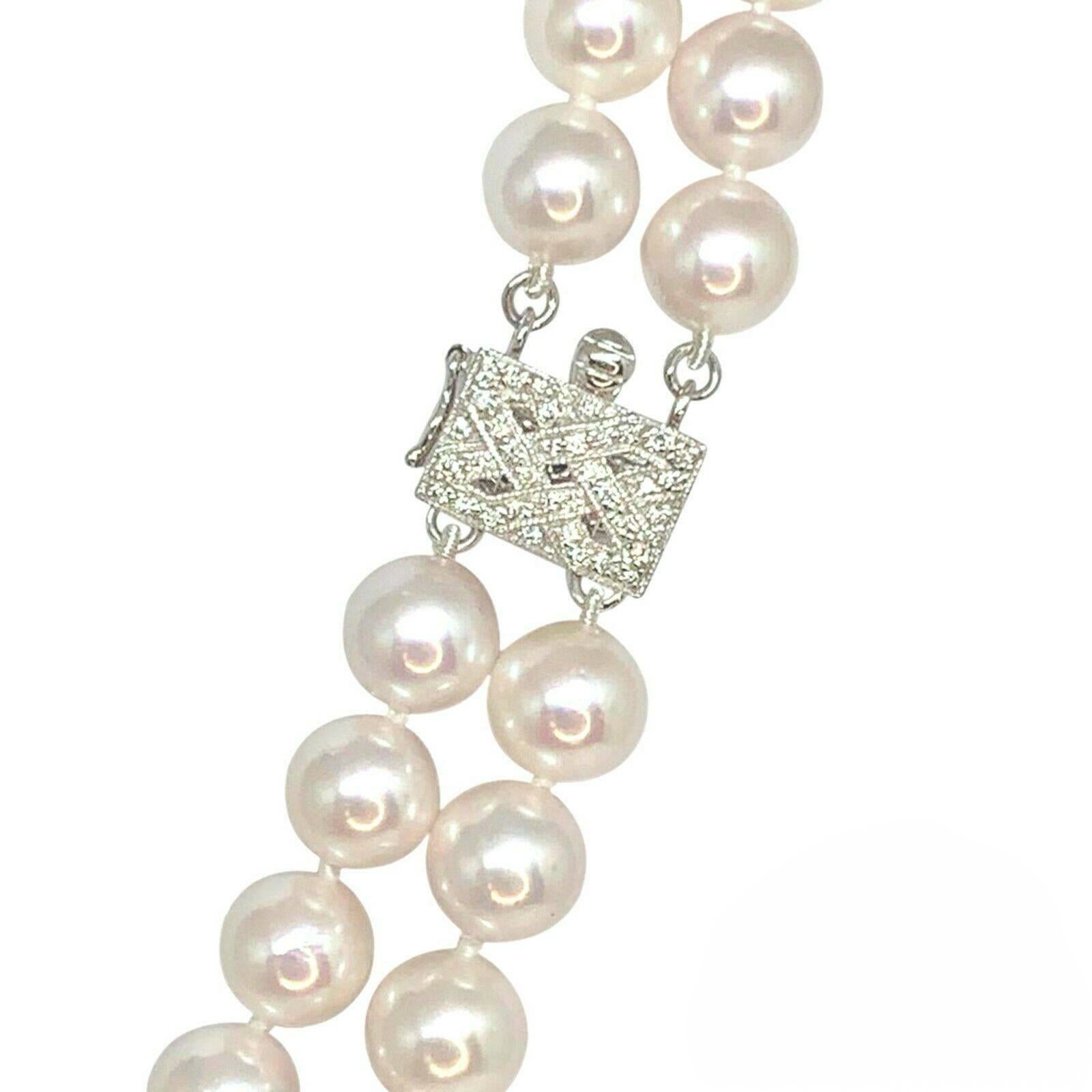 Round Cut Diamond Akoya Pearl Necklace 14k Gold 2-Strand Certified For Sale