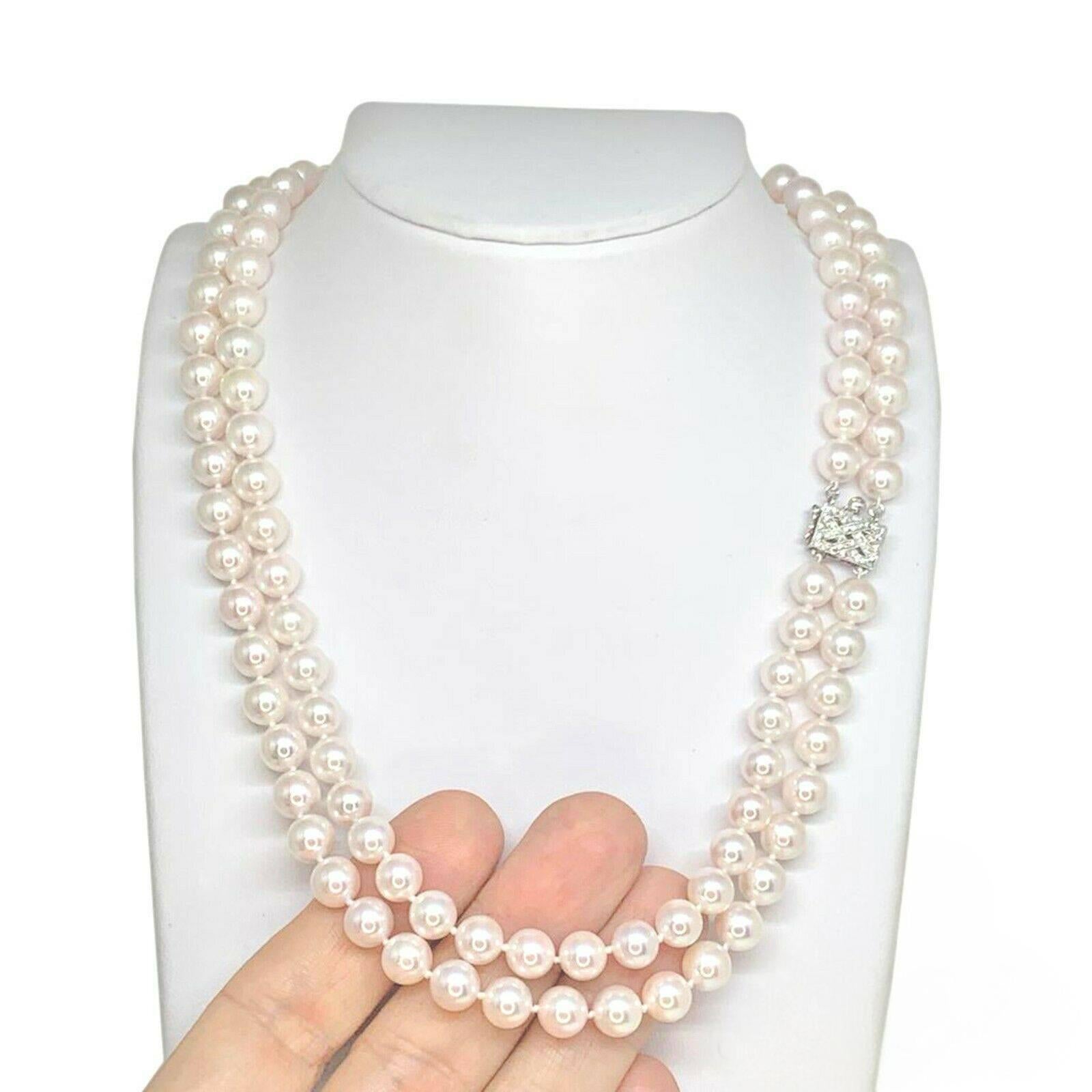 Diamond Akoya Pearl Necklace 14k Gold 2-Strand Certified In New Condition For Sale In Brooklyn, NY