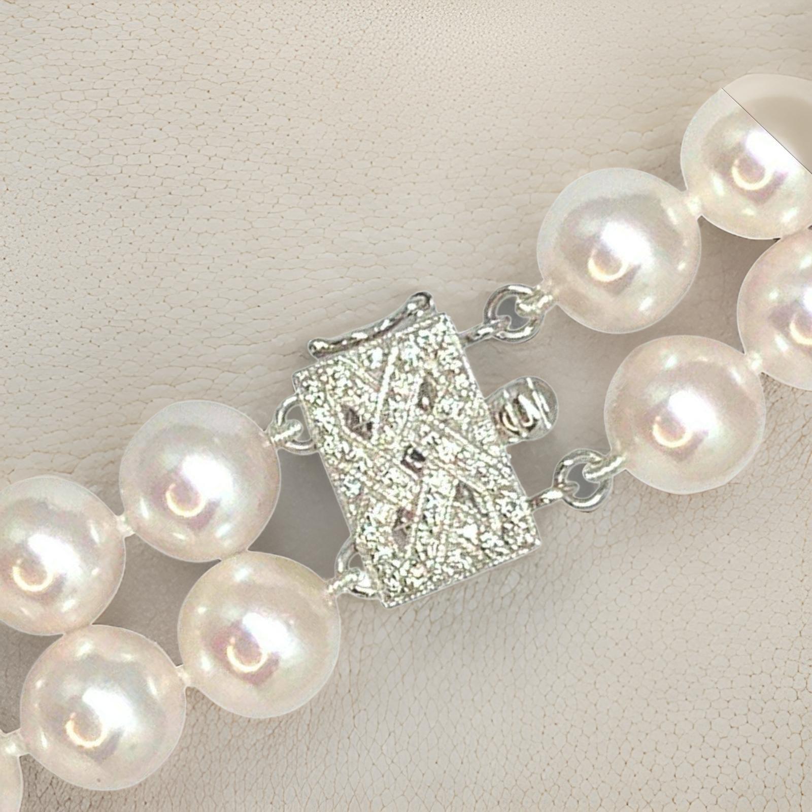 Women's Diamond Akoya Pearl Necklace 14k Gold 2-Strand Certified For Sale