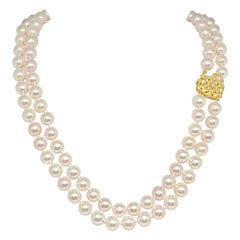 Diamond Akoya Pearl Necklace 14k Gold 2-Strand Certified