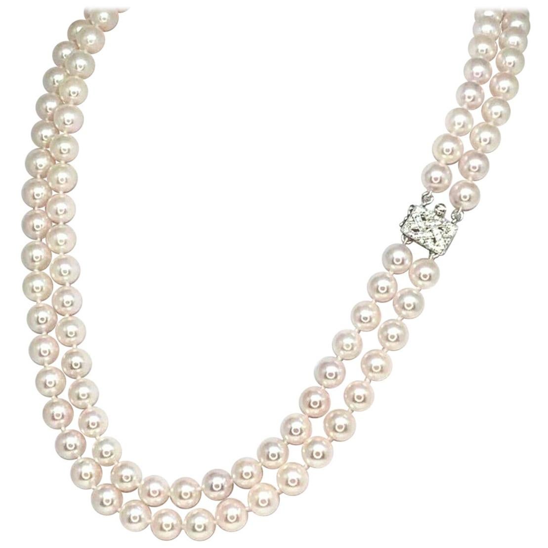 Diamond Akoya Pearl Necklace 14k Gold 2-Strand Certified For Sale