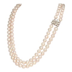 Diamond Akoya Pearl Necklace 14k Gold 2-Strand Certified
